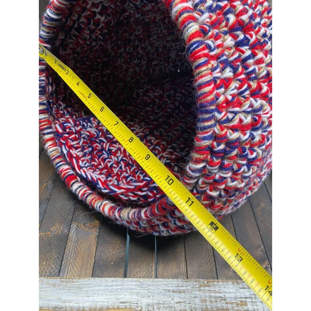 Handmade Crochet Red White Blue Cat Cave Pod Bed Hideaway Warm With Crochet Pad